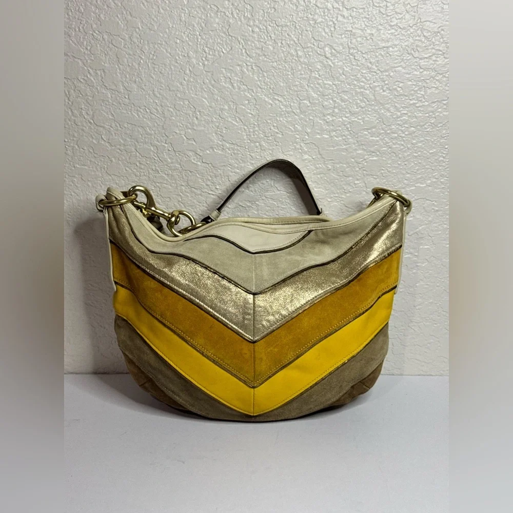 Coach Y2K Chevron Patterned Suede Leather Yellow Gold Cream Hobo Shoulder Bag